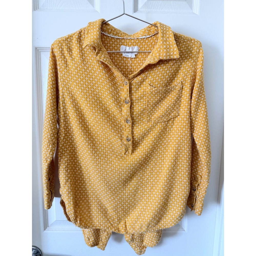 Anthropologie Mustard Yellow Cross Stitch Button Back Tie Front Blouse Large